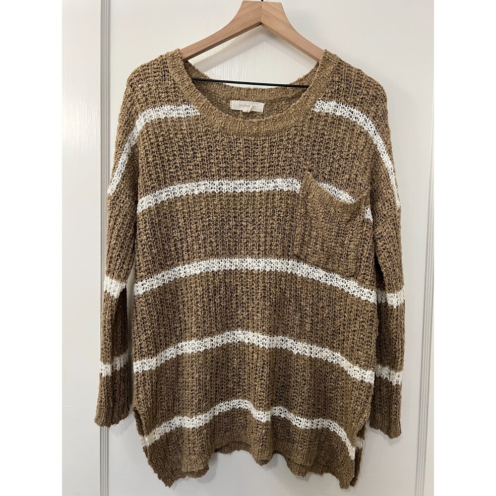 Onetheland Women's Tan White Stripe Knit Sweater Pocket Size S